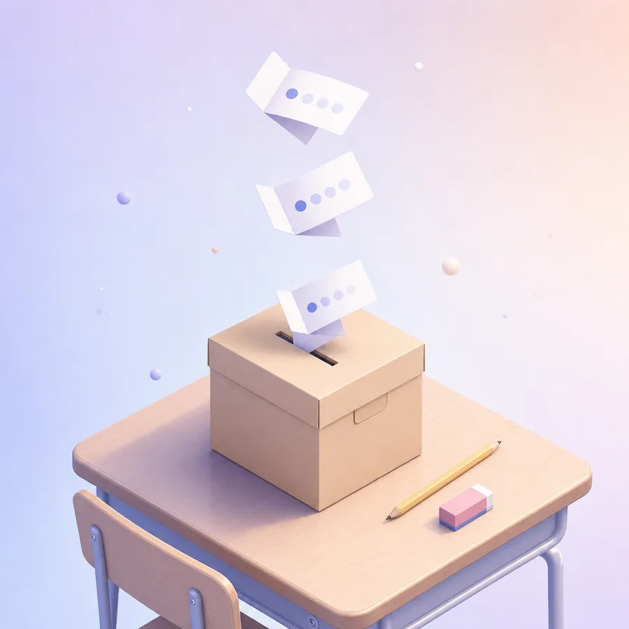 Folded answer slips with rating dots dropping into a closed collection box on a school desk