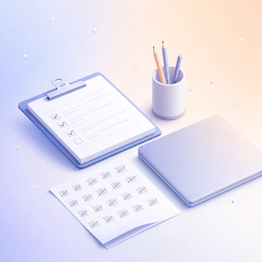 A clipboard of survey forms with ticked boxes beside a tally sheet, a pencil cup and a closed laptop
