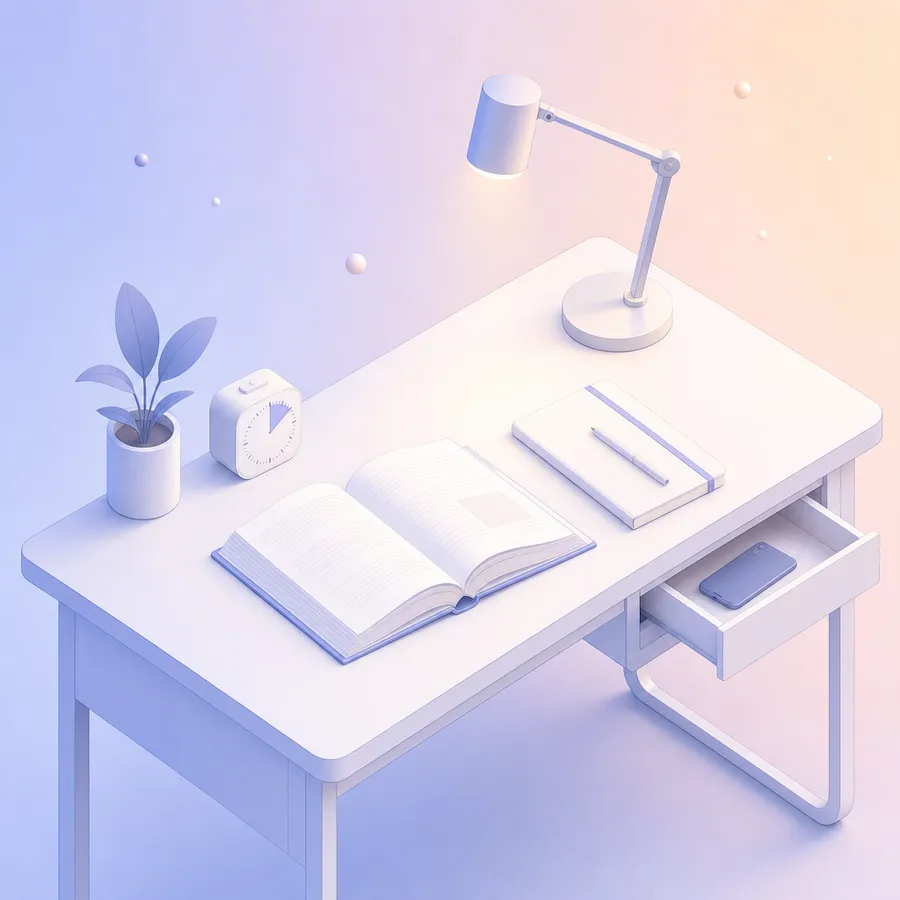 A tidy study desk with an open book, a notebook, a lamp and a timer, and a phone put away in a side drawer
