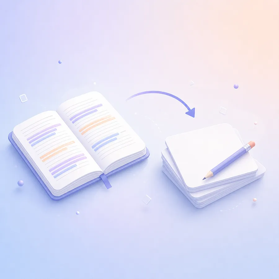 A highlighted notebook on the left and a stack of flashcards on the right, joined by a curved arrow