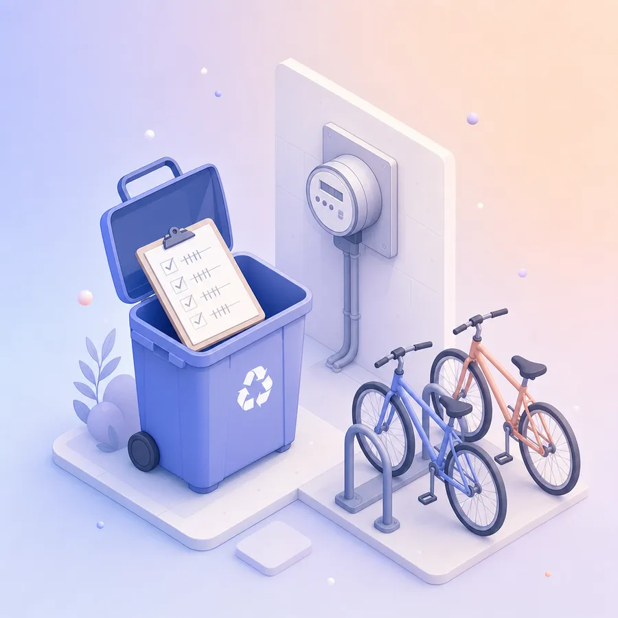A recycling bin with a clipboard tally sheet, an electricity meter and a bike rack with two bikes