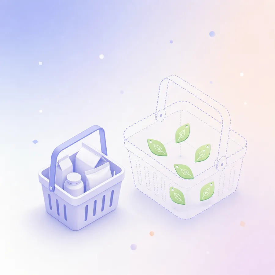 A shopping basket of ordinary products beside a larger basket drawn only in outline with leaf tags