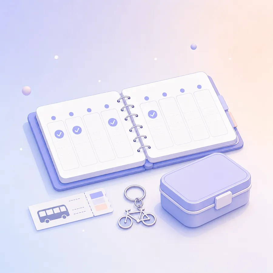A weekly planner with ticked days beside a bus ticket, a bicycle key and a lunch box