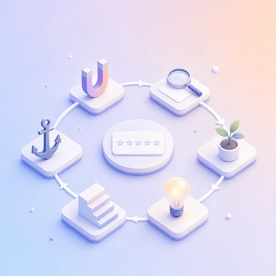 Six small stations joined in a ring by a track: a magnet, a magnifying glass, a potted seedling, a lightbulb, a short staircase and an anchor, around a rating card