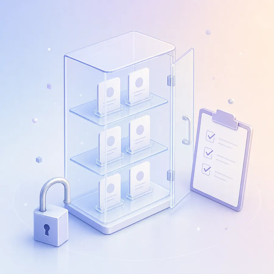 A clear glass cabinet with blank profile cards on its shelves, a ticked checklist on a clipboard and an open padlock beside it