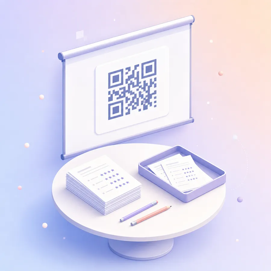A workshop table with short paper feedback forms, pencils and a collection tray in front of a screen showing a QR code