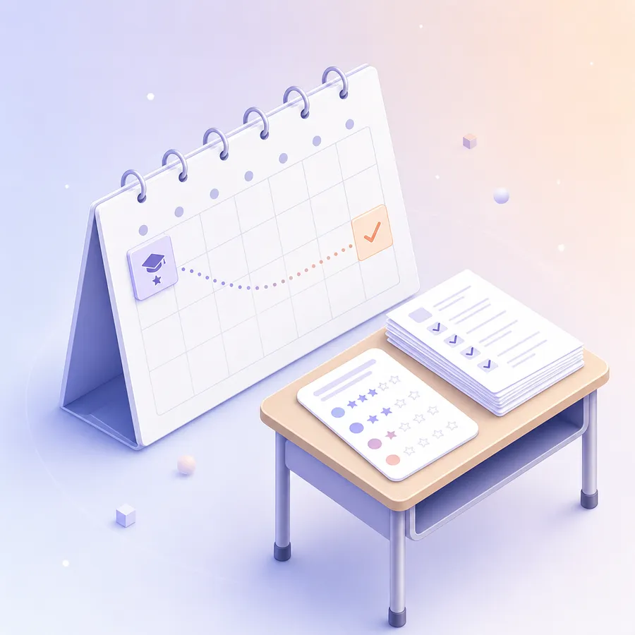 A desk calendar with a training day and a checked date six weeks later joined by a dotted path, beside a school desk with marked worksheets and a star rating card