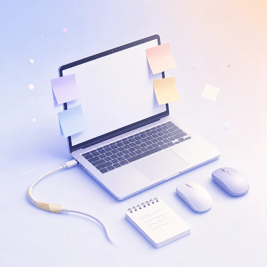 A laptop edged with sticky notes, a taped charger cable and a spare mouse, the fixes people make instead of reporting a problem
