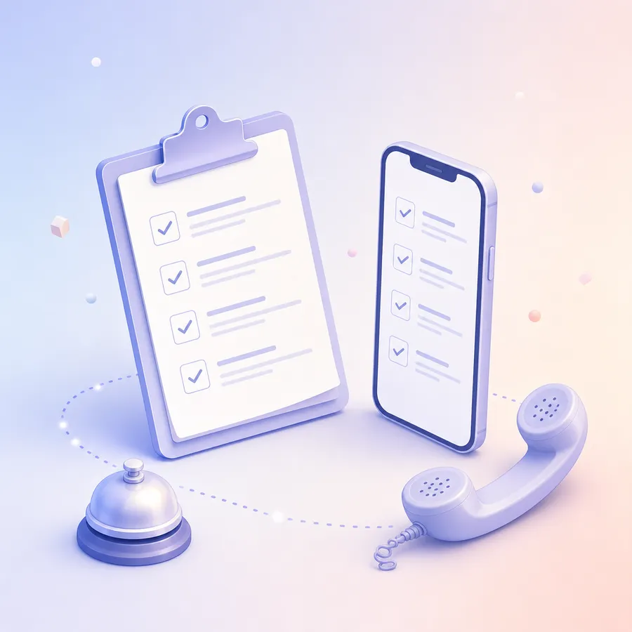 A printed questionnaire on a clipboard beside a phone showing the same survey, with a desk bell and a telephone handset