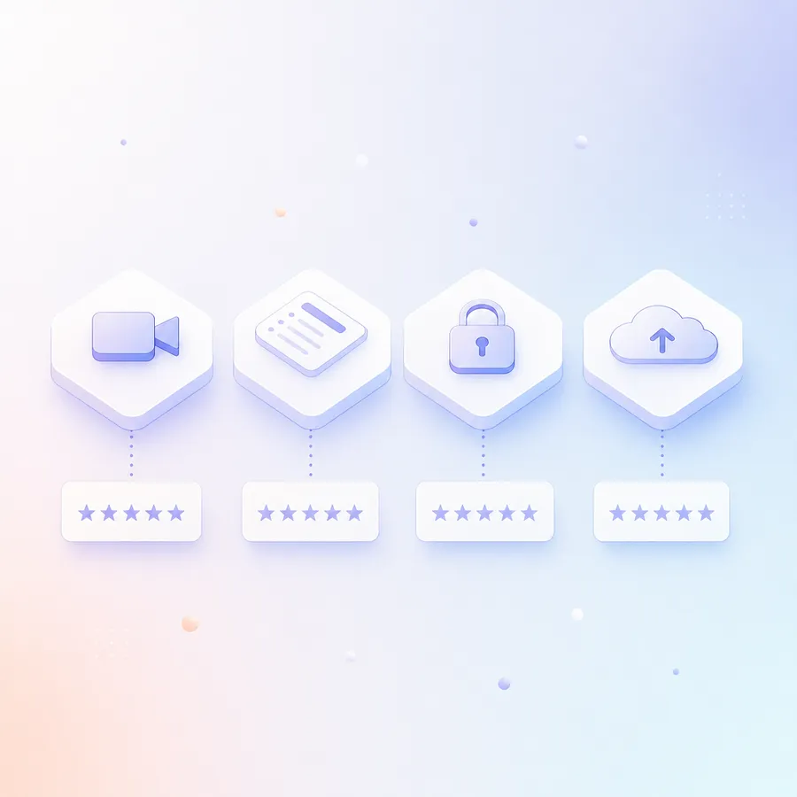 Four everyday digital task tiles, a video camera, an online form, a padlock and a cloud backup, each linked to a rating card