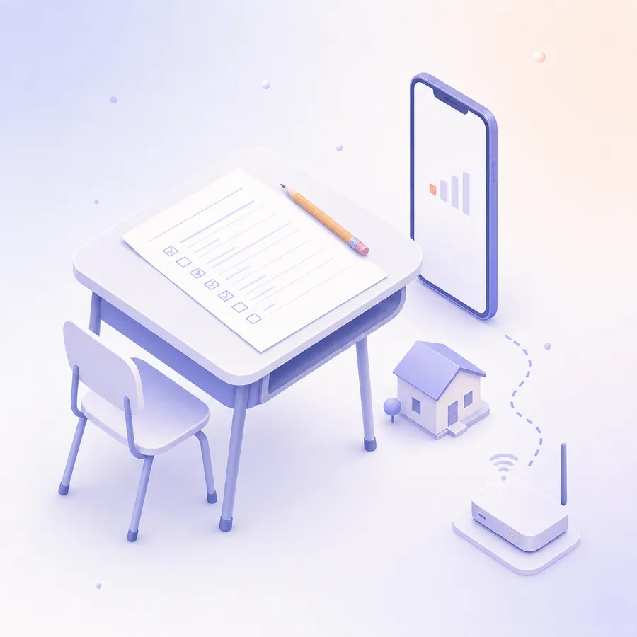 A printed questionnaire and a pencil on a school desk, beside a phone with a weak signal and a small house linked to a home router