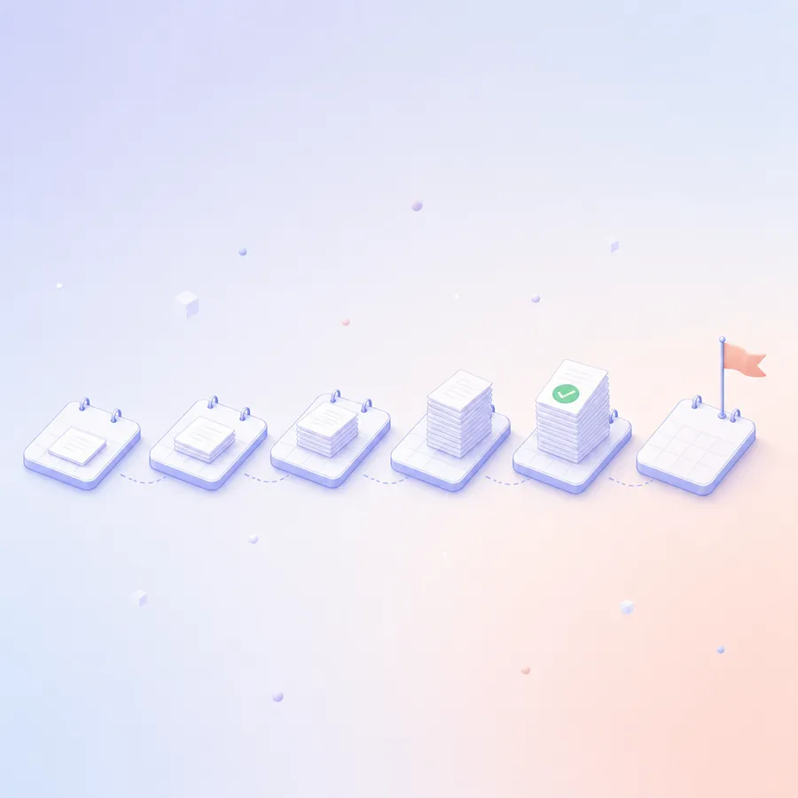 A row of calendar tiles with an assignment growing a little each day until it is finished well before the last tile