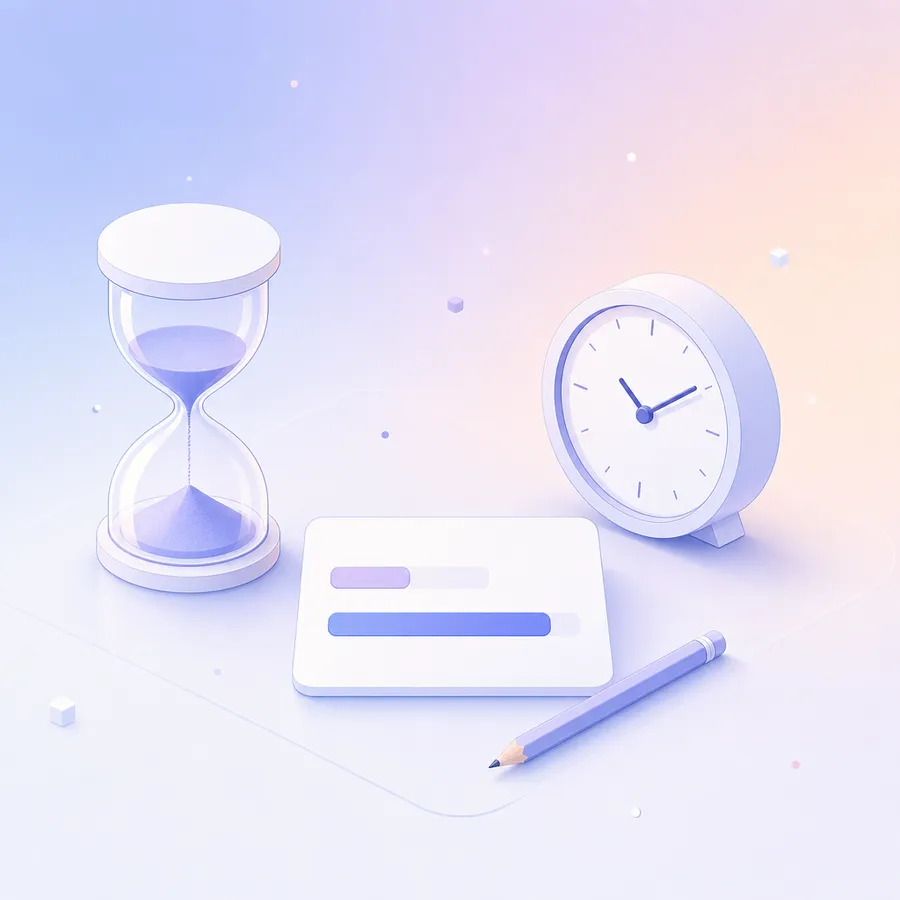 An hourglass and a clock either side of a card with a short planned bar above a longer actual bar
