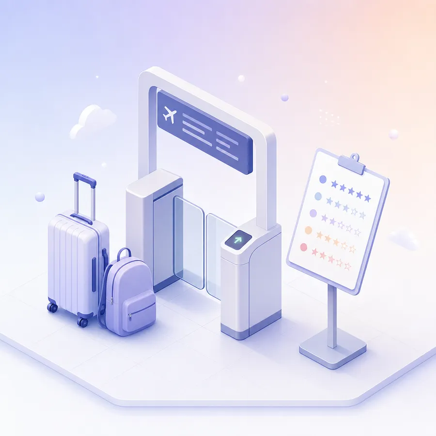 A suitcase and backpack at a departure gate beside a clipboard survey with rating rows