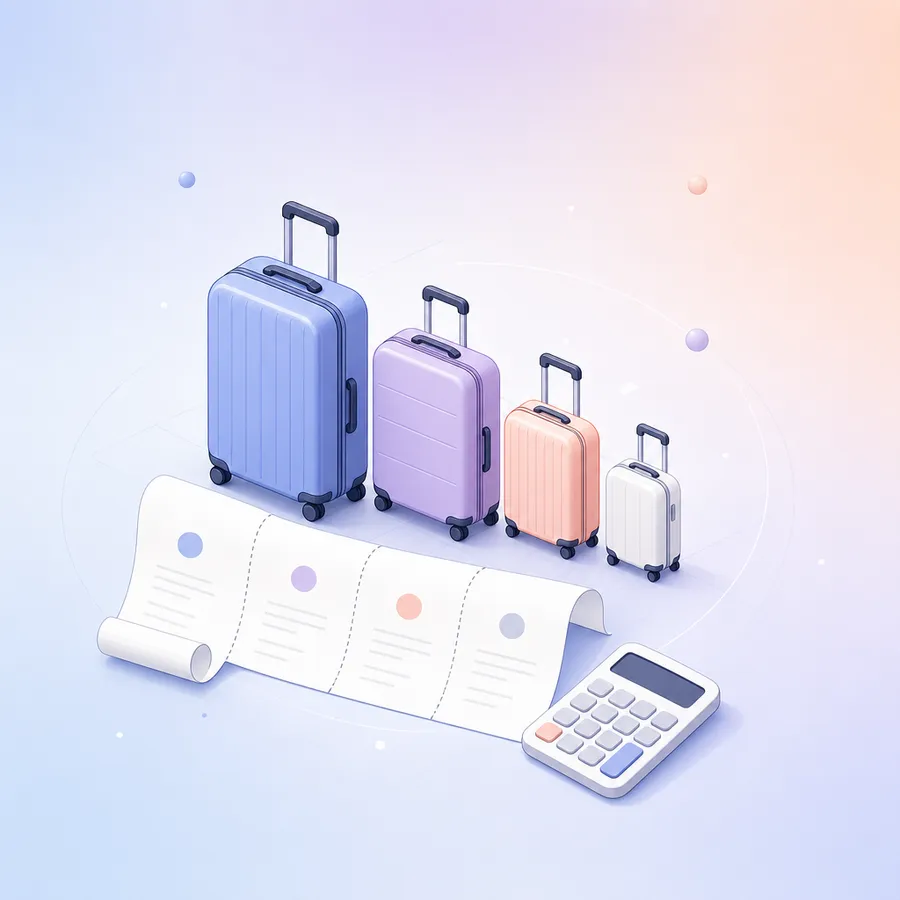 Four suitcases in a row with a long receipt divided into four equal parts and a calculator