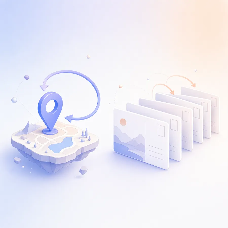 A map pin on a small island map with an arrow looping back to it, next to postcards passed along
