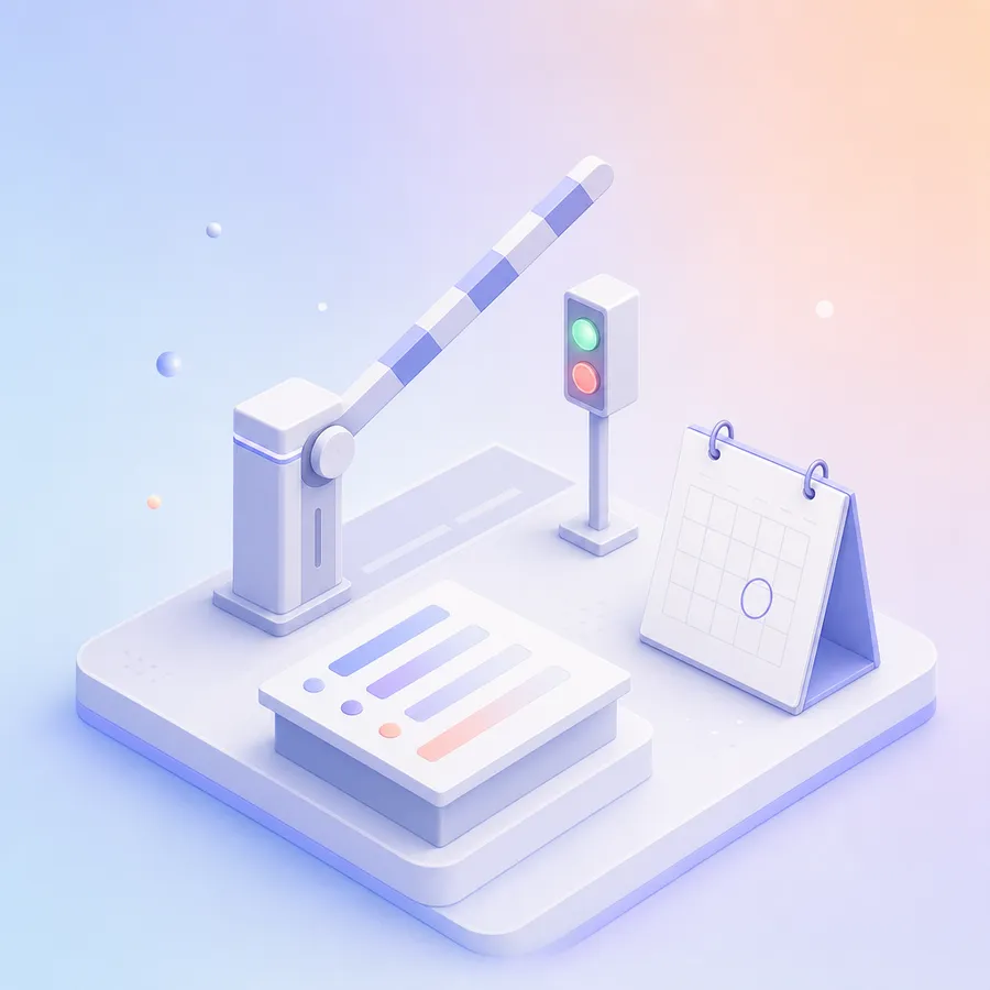 A raised barrier gate between two lights beside a results sheet and a calendar page