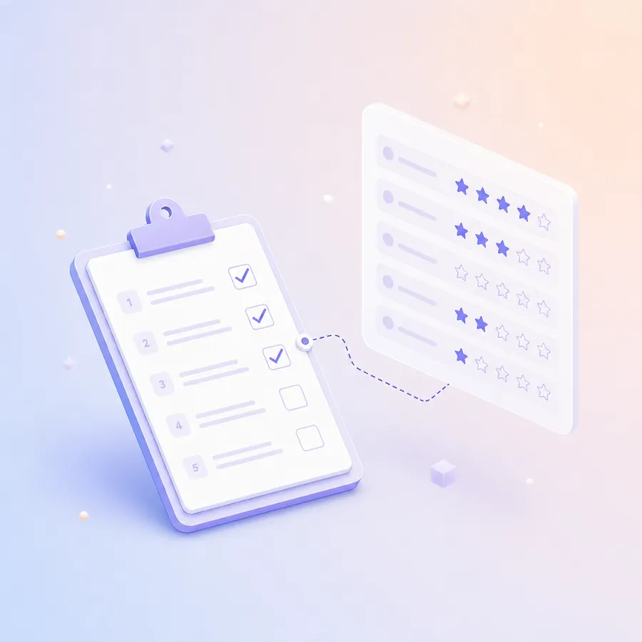 A clipboard test script with ticked steps, linked by a dotted line to a rating card