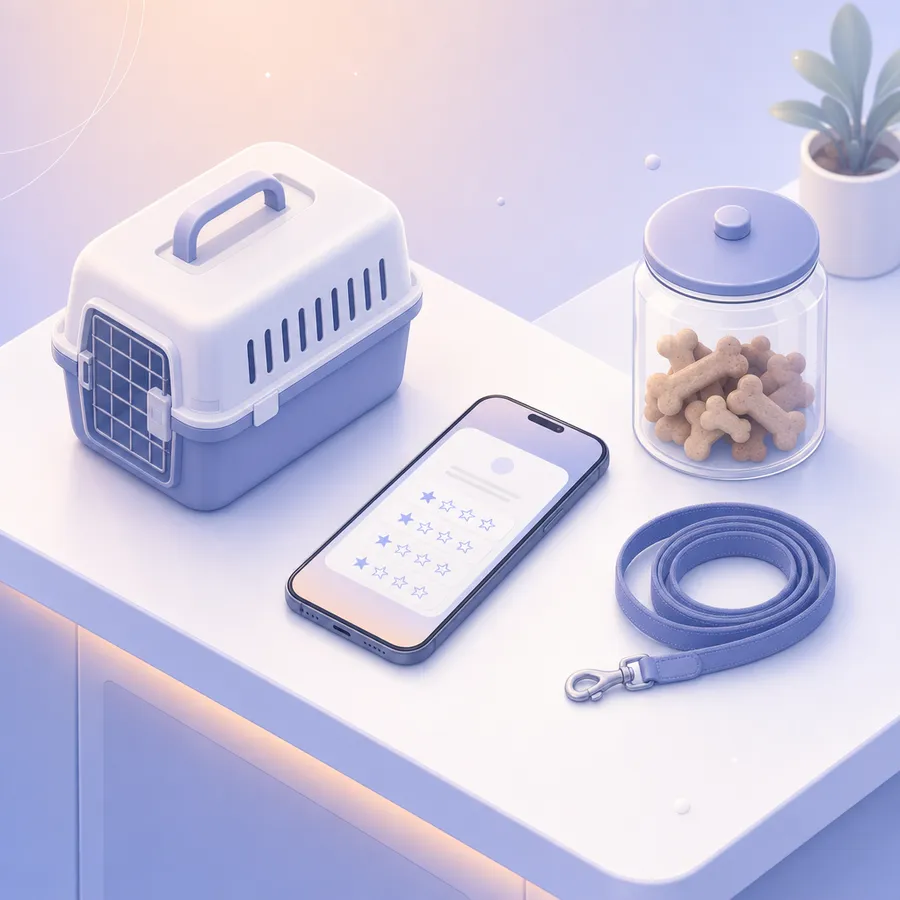 A phone showing a short rating card on a clinic checkout counter, beside a closed pet carrier, a coiled leash and a jar of treats