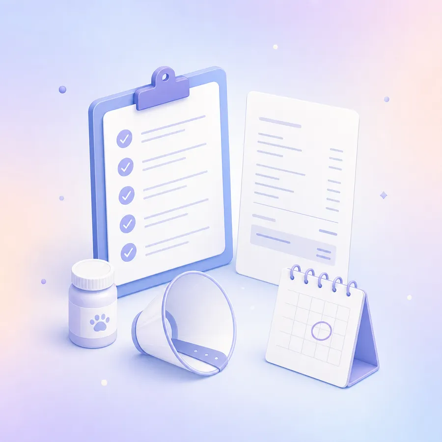 A take-home care plan for a pet: a clipboard checklist, an estimate sheet, a pill bottle, a soft recovery cone and a calendar card with one date circled