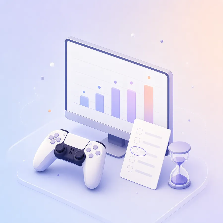A game controller in front of a monitor showing a weekly bar chart of play time, with a paper survey card and a small hourglass