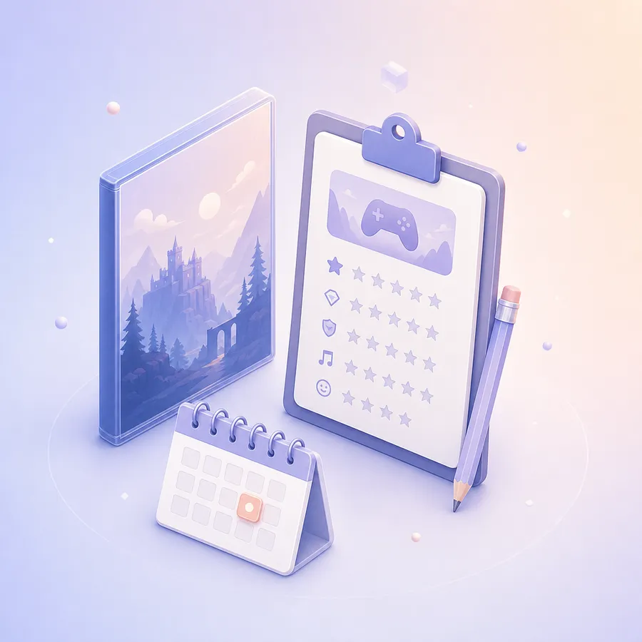 A single game case standing next to a clipboard holding a short feedback card with rating rows, and a calendar tile with one day marked