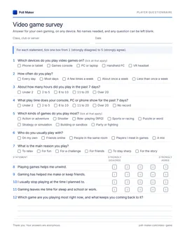 First page of the player questionnaire PDF