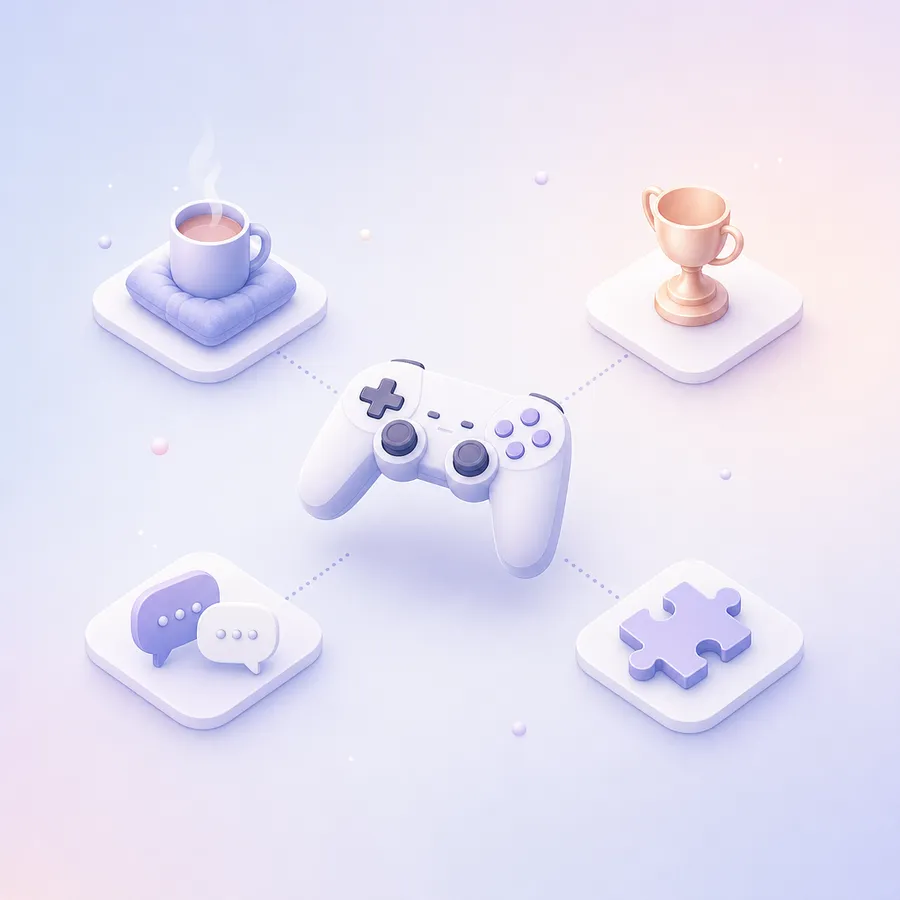 A game controller surrounded by four tiles: a mug on a cushion, a trophy, two linked chat bubbles and a puzzle piece