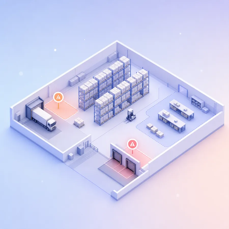 Isometric warehouse floor plan with receiving, racking, packing and loading zones, two zones marked with warning pins