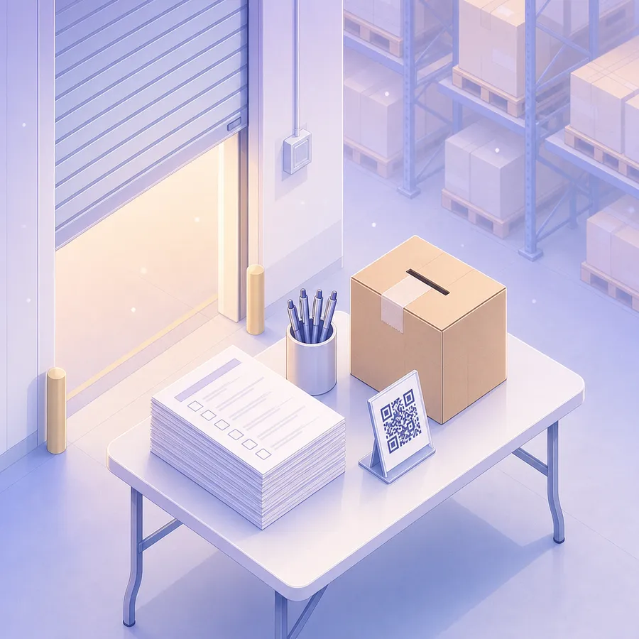 Paper questionnaires and pens beside a sealed ballot box and a QR code stand at a warehouse break table