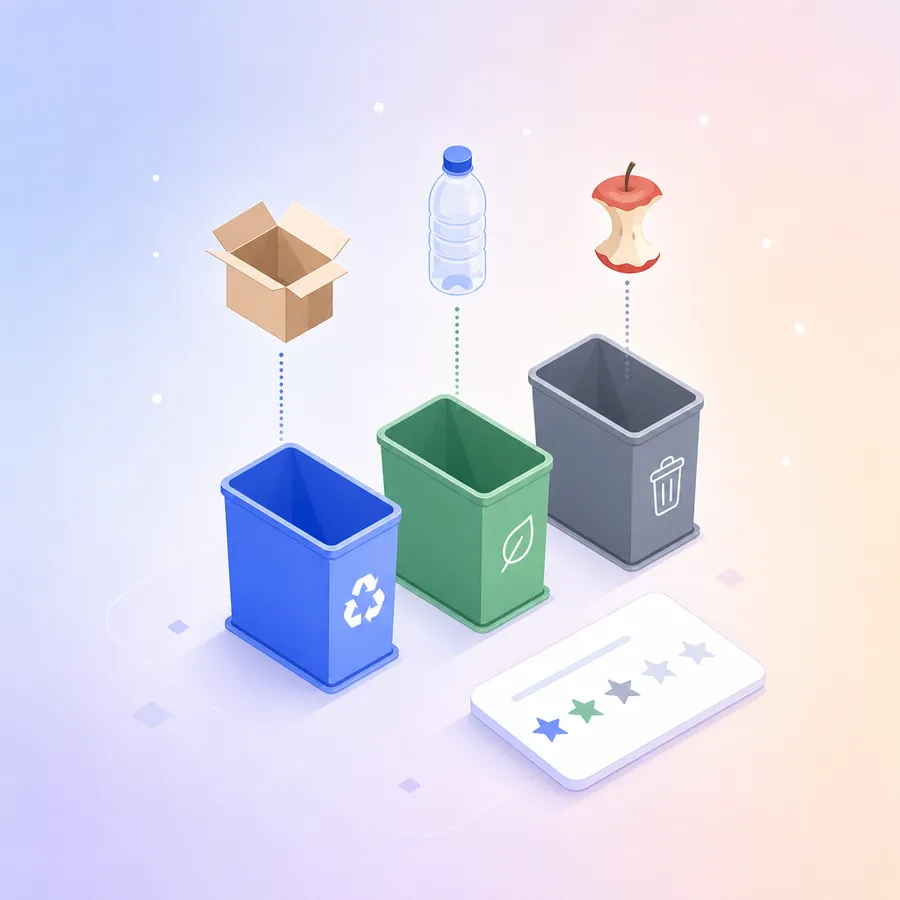 Blue, green and grey sorting bins with a cardboard box, a plastic bottle and an apple core above them, beside a rating card