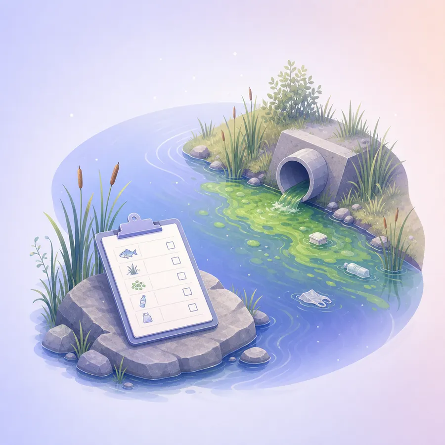 A river bend with a drain outlet pipe, a patch of green scum and floating litter, and a clipboard survey resting on a rock