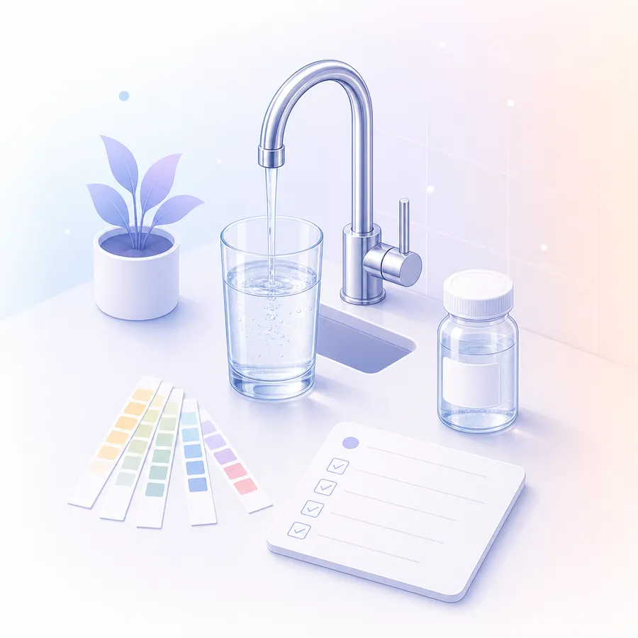 A glass of tap water on a kitchen counter beside test strips, a lab sample bottle and a survey card with tick boxes