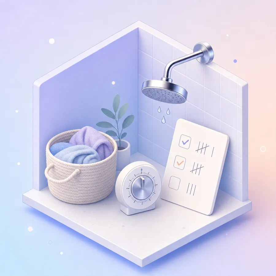 A showerhead, a kitchen timer, a laundry basket and a survey card with tick boxes on a bathroom shelf