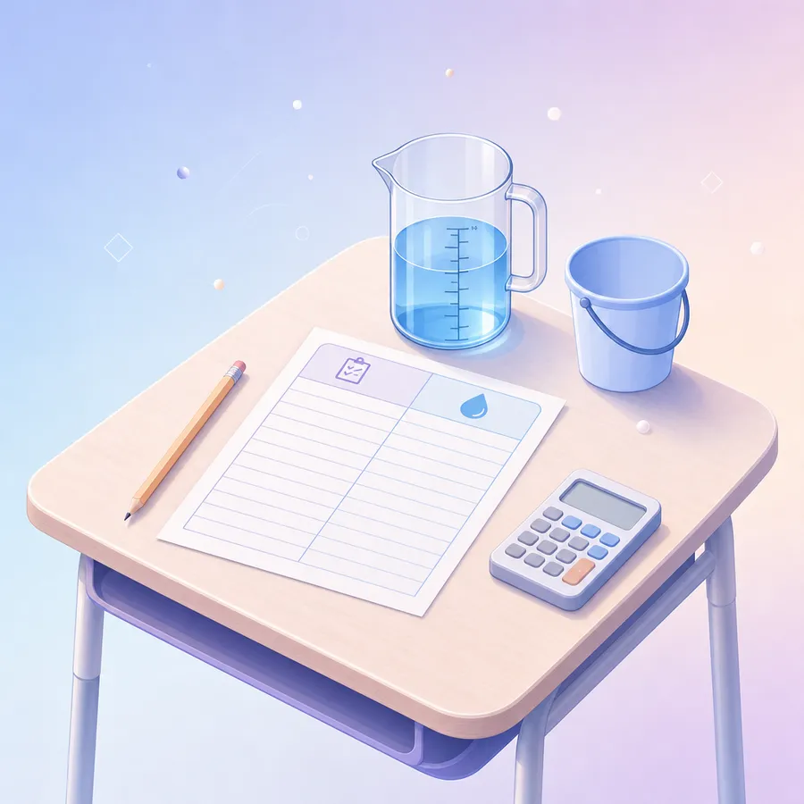 A two-day water diary sheet on a desk with a measuring jug, a bucket and a pencil