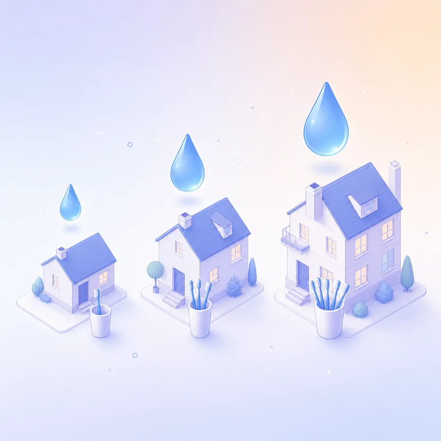 Three houses of different sizes, each with a cup of toothbrushes at the door and a water drop beside it