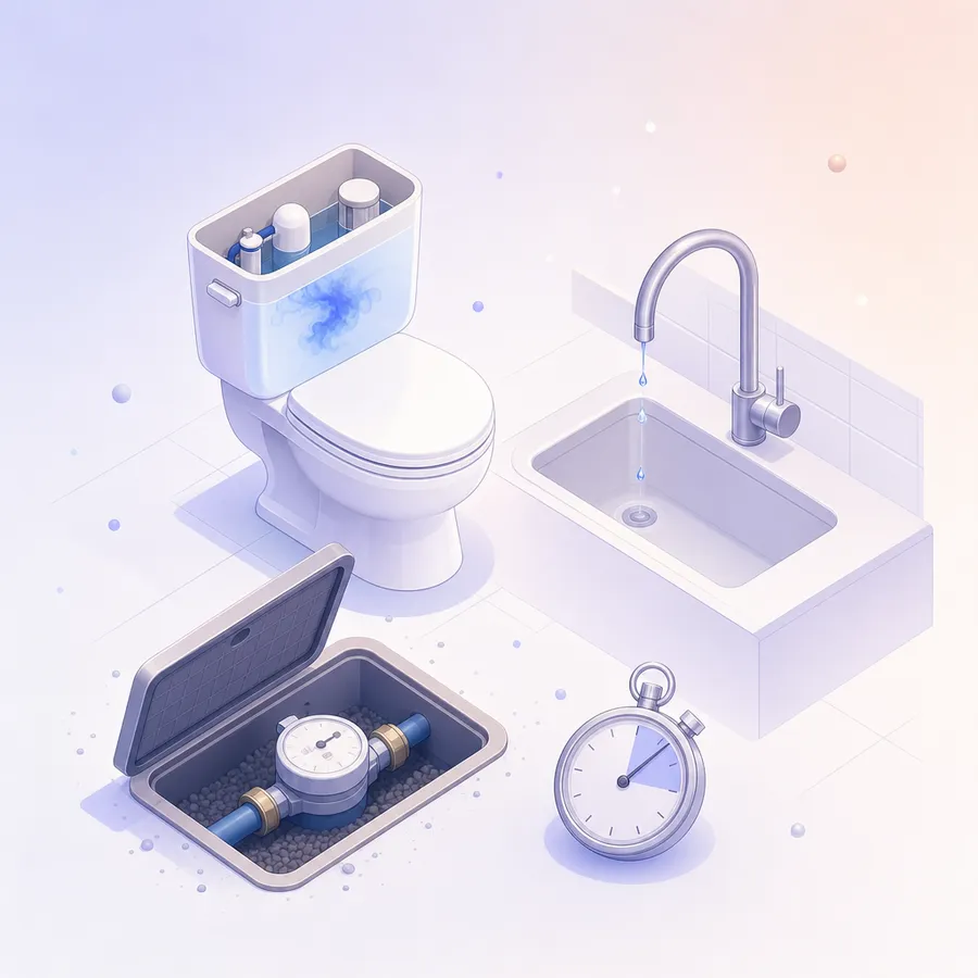 A water meter in its box, a toilet tank with blue dye in the water and a dripping tap with a stopwatch