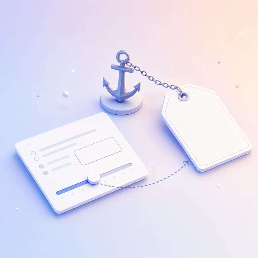 A blank price tag tied to a small anchor, pulling the slider on a survey price card toward it