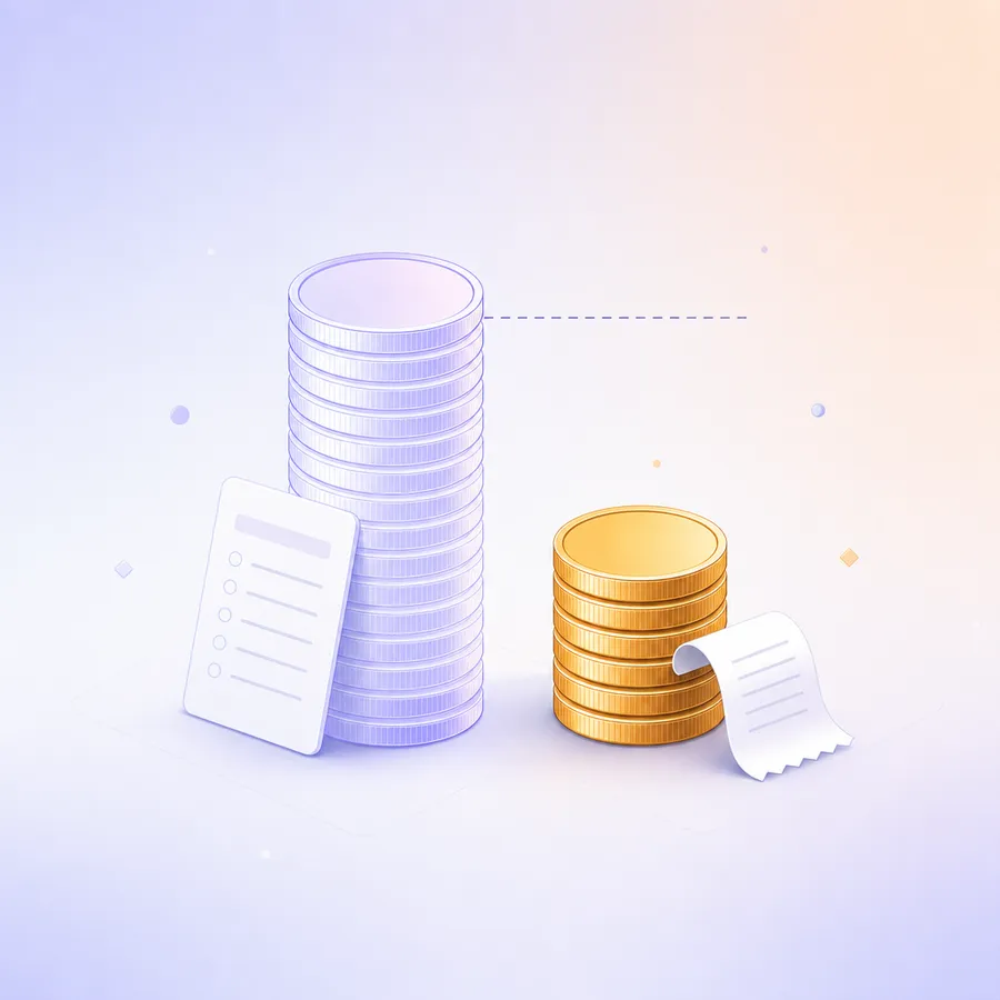 A tall stack of outlined coins beside a much shorter stack of solid coins, with a survey card and a till receipt