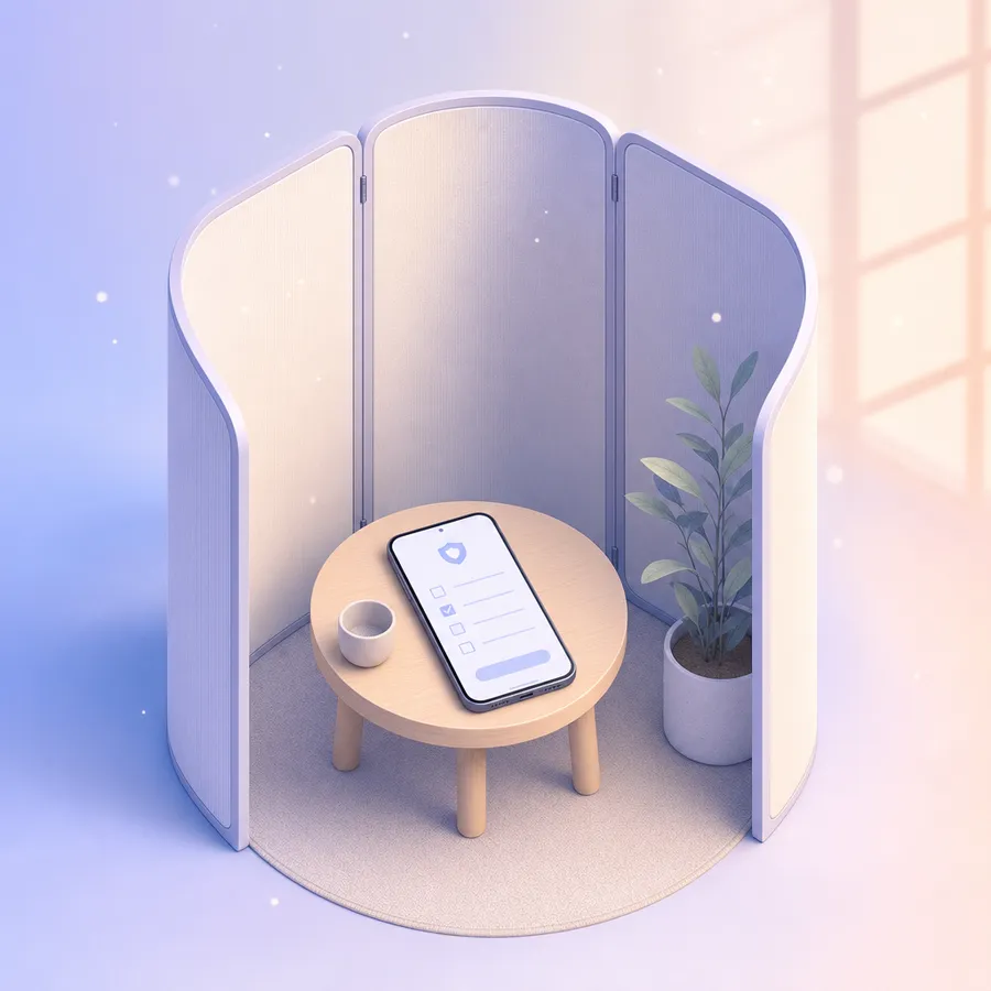 A phone showing a survey with tick boxes on a small table, sheltered by a folding privacy screen in a quiet room