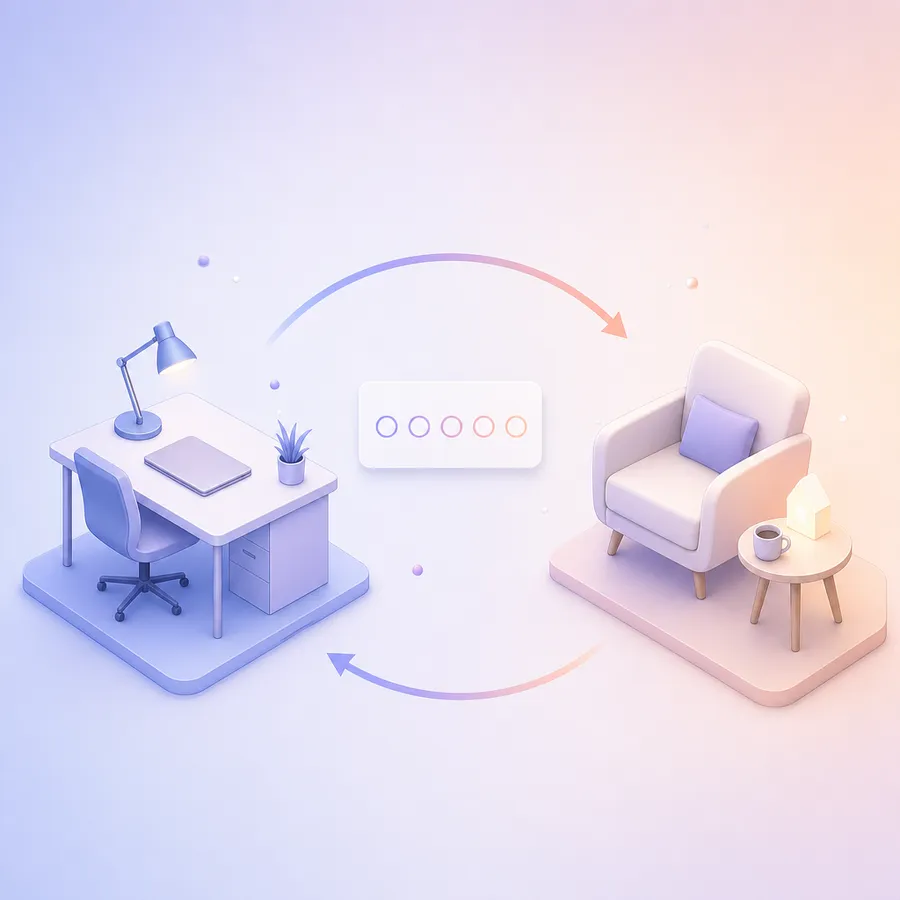 An office desk and a home armchair joined by two arrows running in opposite directions, with a rating card between them