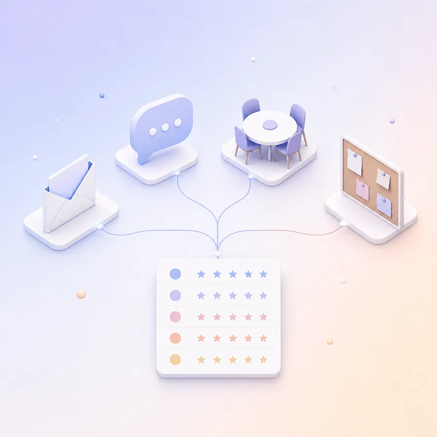 An envelope, a chat bubble, a small meeting table and a notice board, each linked by a line to one survey card