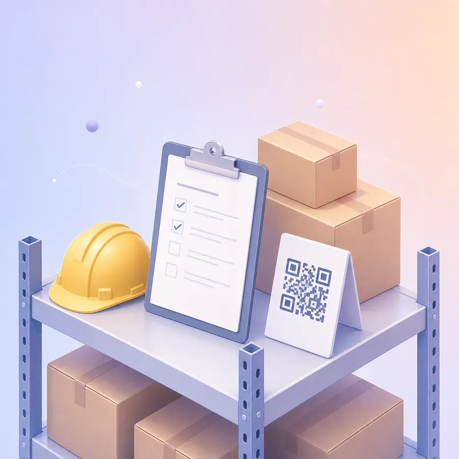 A clipboard survey and a QR code sign on a warehouse shelf beside a hard hat