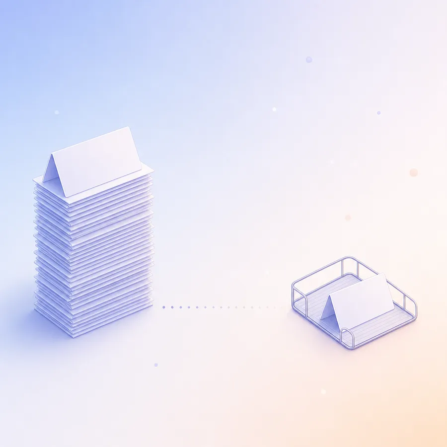 A tall stack of folded note cards next to a report tray holding a single card, joined by a dotted line that fades out