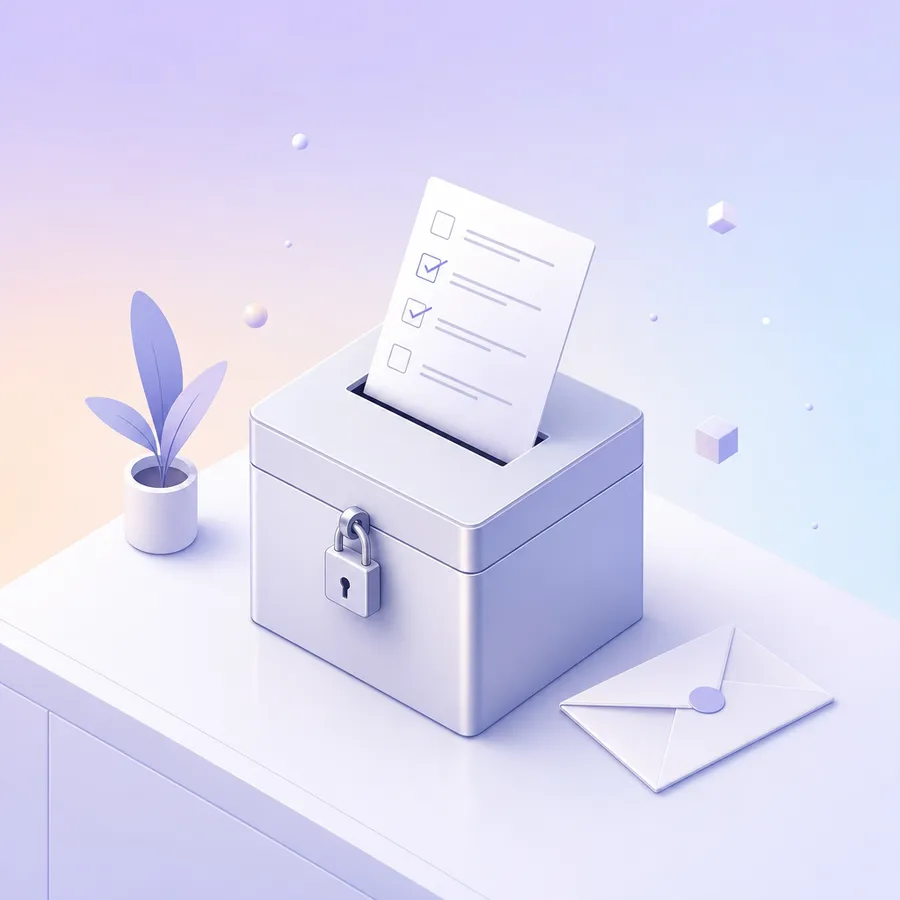Folded survey cards going into a locked metal drop box on an office counter, with a sealed envelope beside it