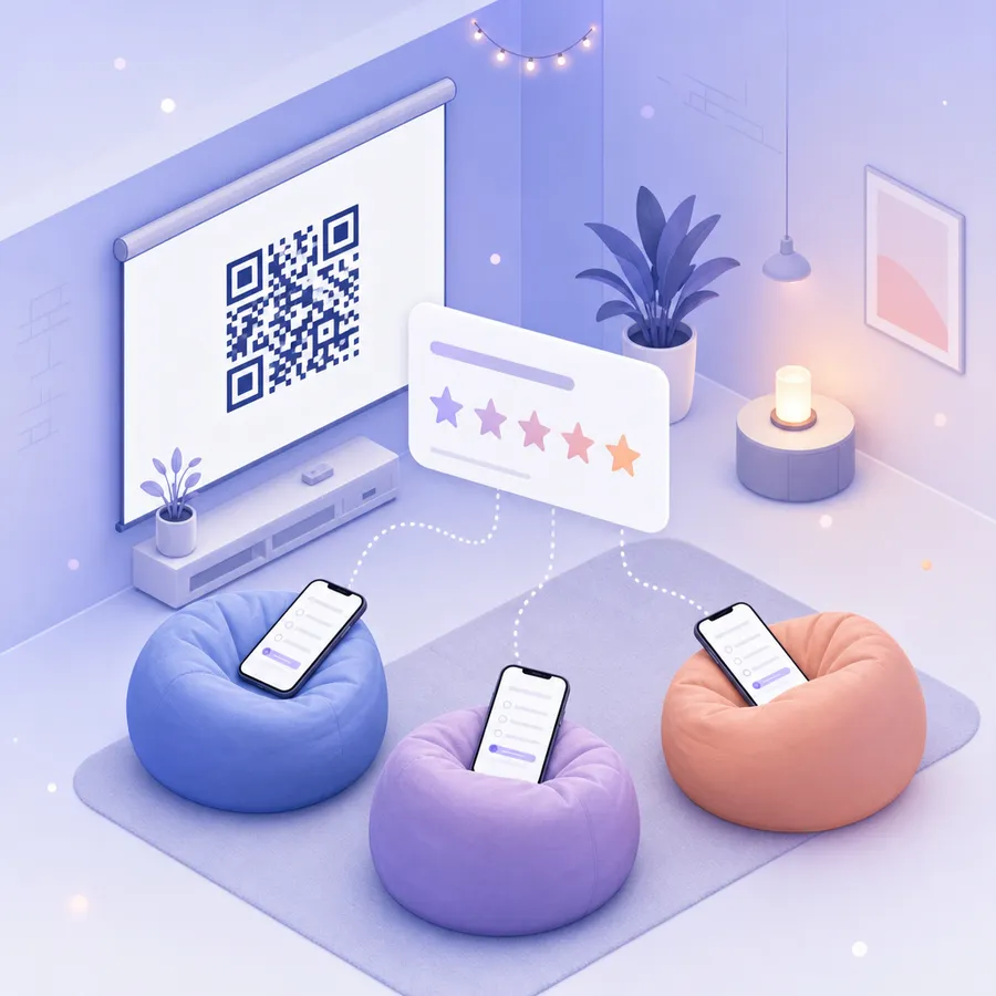 Phones on bean bags beside a large screen showing a square scan code, with a survey card floating above