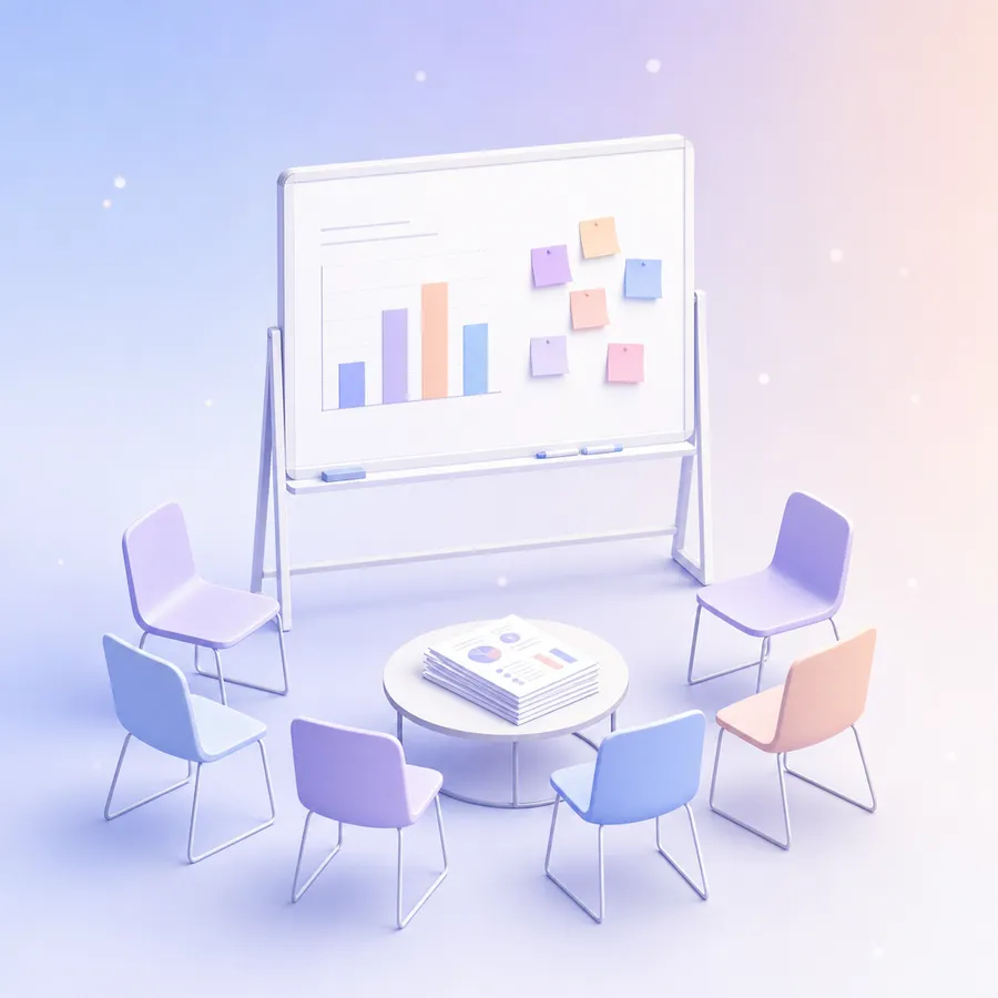 A board with a simple bar chart and sticky notes beside a circle of chairs