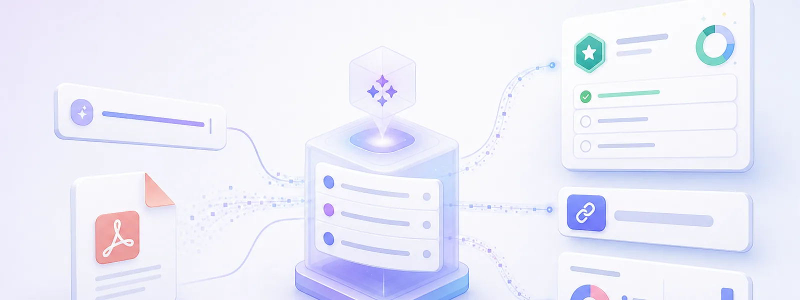 A topic and a PDF flowing through the AI quiz generator into a finished scored quiz, a share link and a results chart
