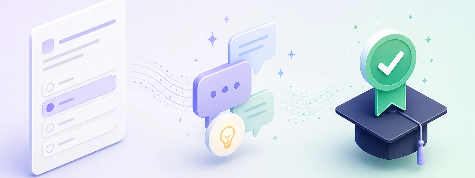 A quiz question flowing through AI tutor hints into confident understanding