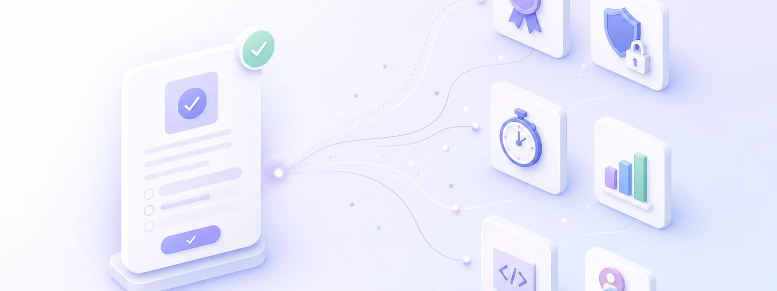 A central quiz card connected to eight feature tiles for training, results, certificates and security